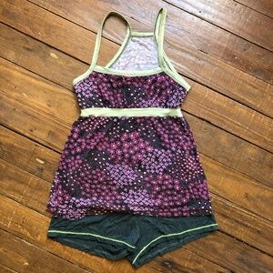 Purple Green Floral Print Activewear Soft Tank Top Short Shorts 2pc Set